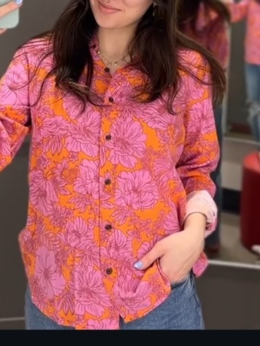 LINEN Blend Floral Button-Down Shirt Top
